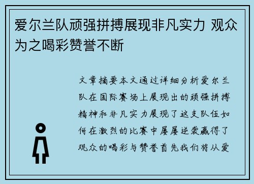 爱尔兰队顽强拼搏展现非凡实力 观众为之喝彩赞誉不断