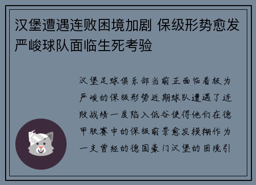 汉堡遭遇连败困境加剧 保级形势愈发严峻球队面临生死考验