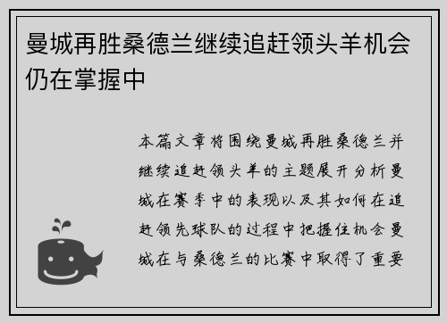 曼城再胜桑德兰继续追赶领头羊机会仍在掌握中