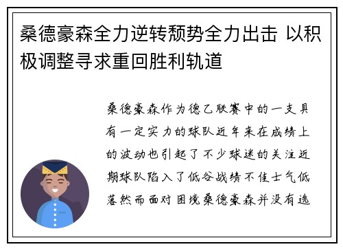 桑德豪森全力逆转颓势全力出击 以积极调整寻求重回胜利轨道