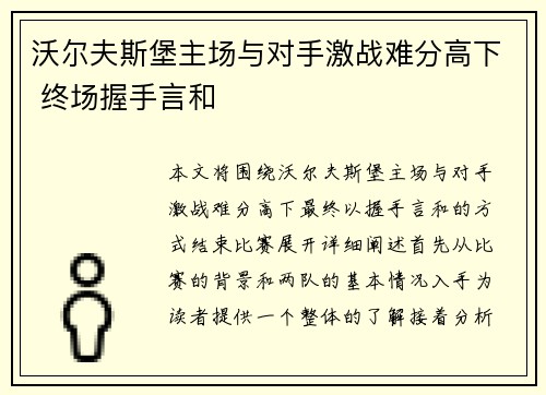 沃尔夫斯堡主场与对手激战难分高下 终场握手言和