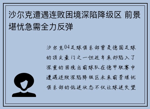 沙尔克遭遇连败困境深陷降级区 前景堪忧急需全力反弹