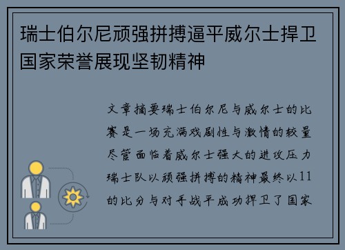 瑞士伯尔尼顽强拼搏逼平威尔士捍卫国家荣誉展现坚韧精神