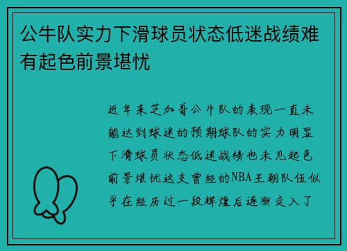 公牛队实力下滑球员状态低迷战绩难有起色前景堪忧