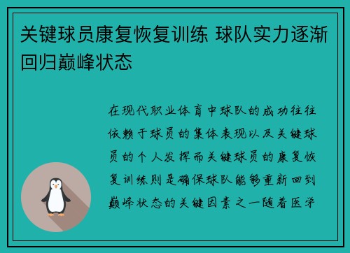 关键球员康复恢复训练 球队实力逐渐回归巅峰状态