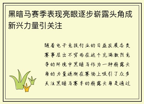 黑暗马赛季表现亮眼逐步崭露头角成新兴力量引关注