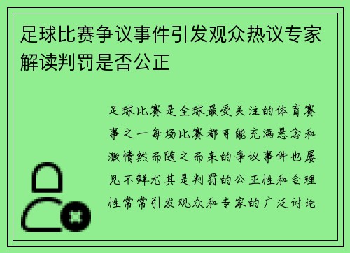 足球比赛争议事件引发观众热议专家解读判罚是否公正